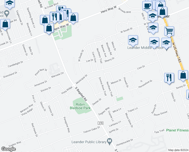 map of restaurants, bars, coffee shops, grocery stores, and more near 921 Cindy Lane in Leander