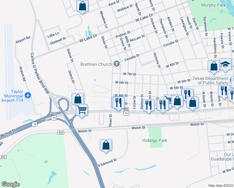 map of restaurants, bars, coffee shops, grocery stores, and more near 401 Wyeth Street in Taylor