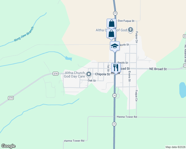 map of restaurants, bars, coffee shops, grocery stores, and more near 113-119 4th St in Altha