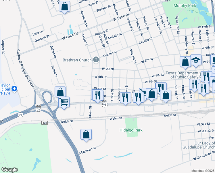 map of restaurants, bars, coffee shops, grocery stores, and more near 1518 W 4th St in Taylor