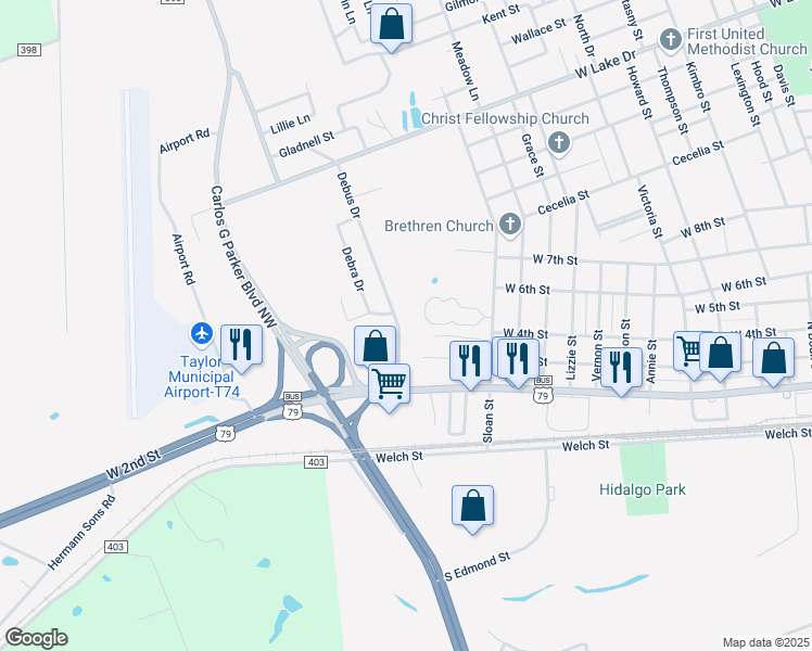 map of restaurants, bars, coffee shops, grocery stores, and more near 309 Debus Drive in Taylor
