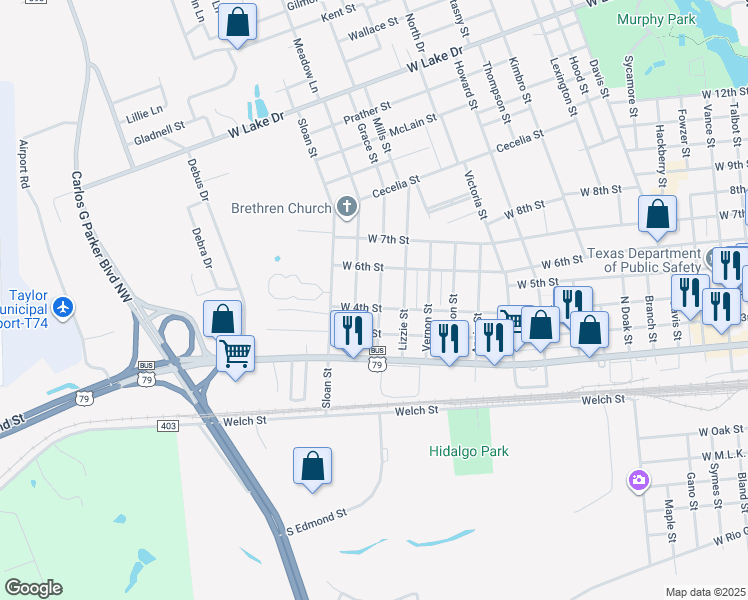 map of restaurants, bars, coffee shops, grocery stores, and more near 403 Edmond Street in Taylor