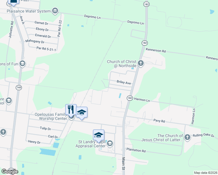 map of restaurants, bars, coffee shops, grocery stores, and more near 185 Midway Exit Drive in Opelousas