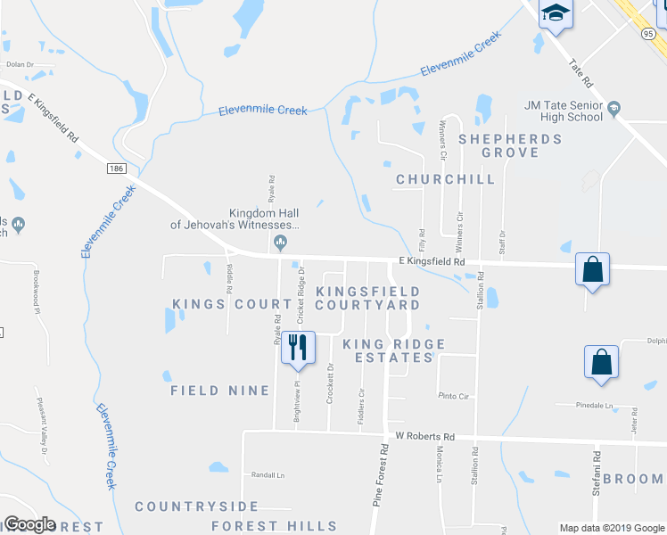 map of restaurants, bars, coffee shops, grocery stores, and more near 704 Cricket Circle in Cantonment