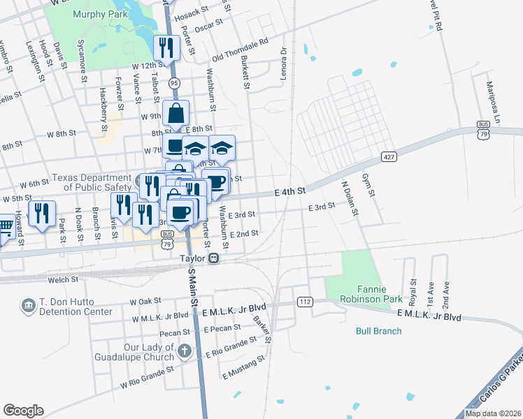 map of restaurants, bars, coffee shops, grocery stores, and more near 414 East 3rd Street in Taylor