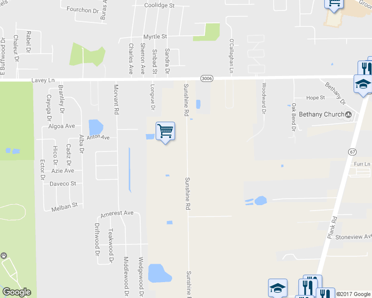 map of restaurants, bars, coffee shops, grocery stores, and more near 13425 Sunshine Road in Baton Rouge