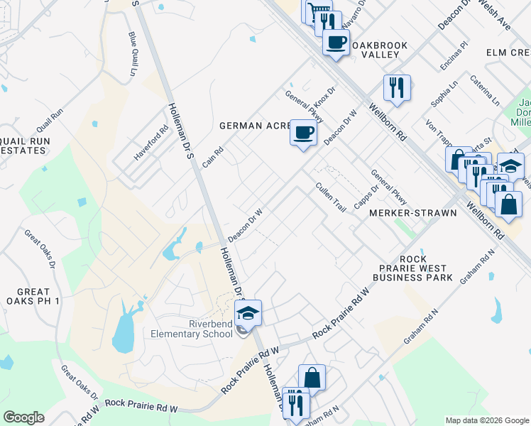 map of restaurants, bars, coffee shops, grocery stores, and more near 2941 Papa Bear Drive in College Station