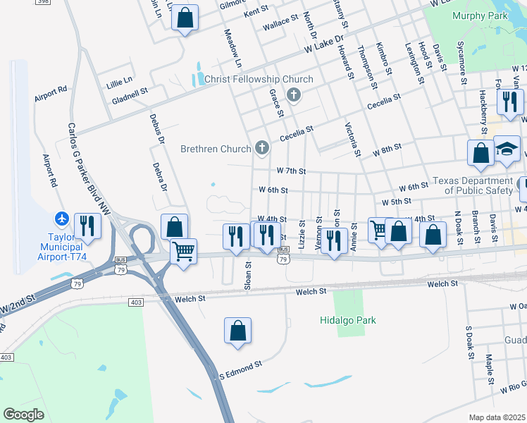 map of restaurants, bars, coffee shops, grocery stores, and more near 401 Wyeth Street in Taylor