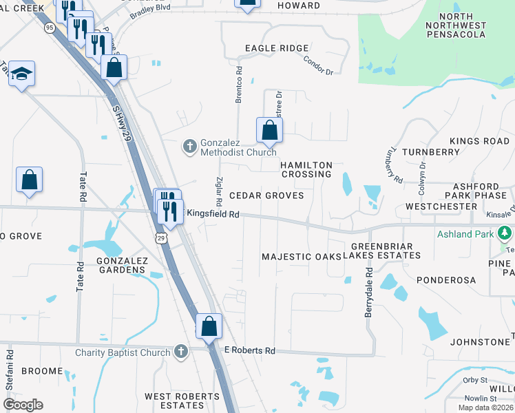 map of restaurants, bars, coffee shops, grocery stores, and more near 2149 Packwood Drive in Gonzalez