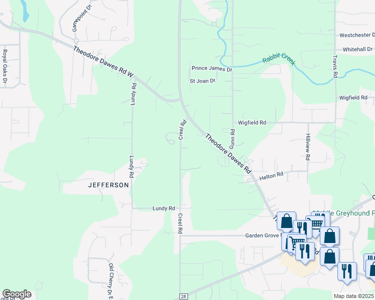 map of restaurants, bars, coffee shops, grocery stores, and more near 5778-5800 Creel Road in Theodore