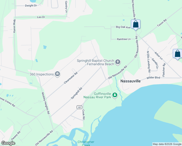 map of restaurants, bars, coffee shops, grocery stores, and more near 95633 Springhill Road in Fernandina Beach