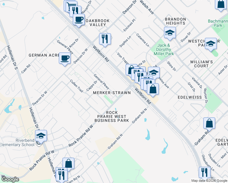 map of restaurants, bars, coffee shops, grocery stores, and more near 3311 General Parkway in College Station