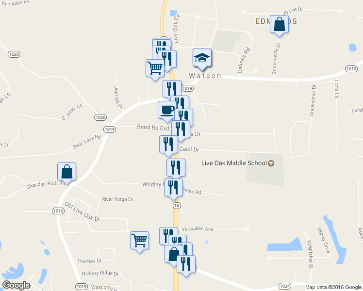 map of restaurants, bars, coffee shops, grocery stores, and more near 34570 Highway 16 in Denham Springs