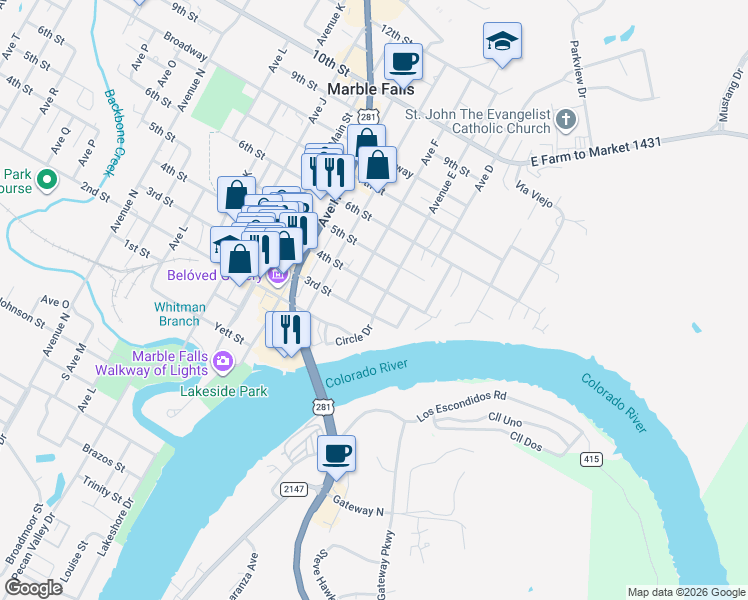 map of restaurants, bars, coffee shops, grocery stores, and more near 306 Avenue East in Marble Falls