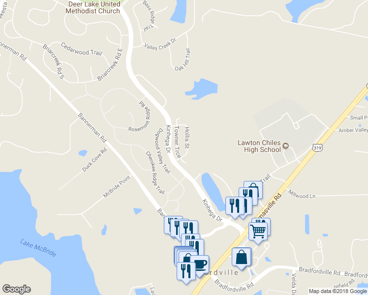 map of restaurants, bars, coffee shops, grocery stores, and more near 7308 Hollis Street in Tallahassee