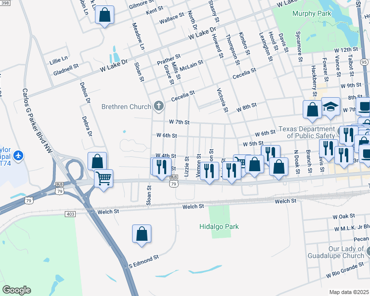 map of restaurants, bars, coffee shops, grocery stores, and more near 1518 West 4th Street in Taylor