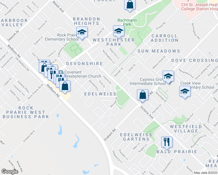 map of restaurants, bars, coffee shops, grocery stores, and more near 3614 Vienna Drive in College Station