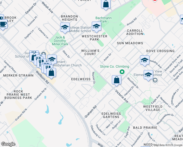 map of restaurants, bars, coffee shops, grocery stores, and more near 3617 Vienna Drive in College Station