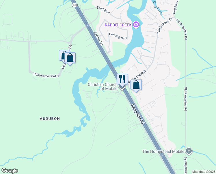 map of restaurants, bars, coffee shops, grocery stores, and more near 5834 Rabbit Creek Drive in Theodore
