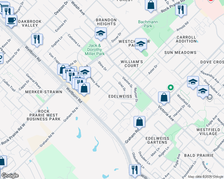 map of restaurants, bars, coffee shops, grocery stores, and more near 218 Augsburg Court in College Station