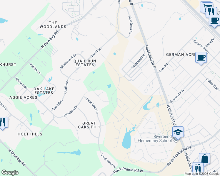 map of restaurants, bars, coffee shops, grocery stores, and more near 1751 Blanco Bend Drive in College Station