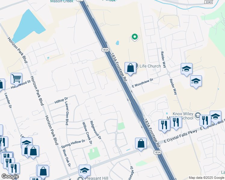 map of restaurants, bars, coffee shops, grocery stores, and more near 900 County Road 271 in Leander