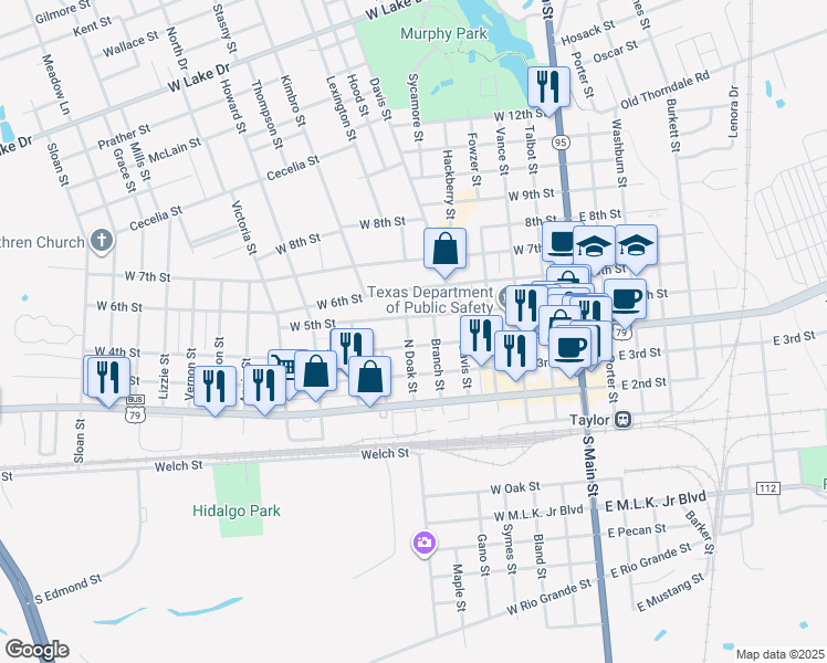 map of restaurants, bars, coffee shops, grocery stores, and more near 410 North Doak Street in Taylor