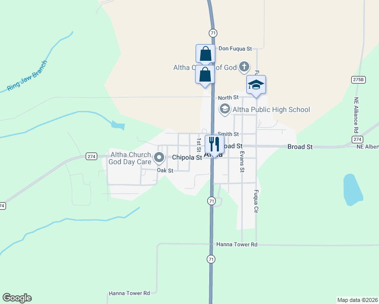 map of restaurants, bars, coffee shops, grocery stores, and more near 311-399 Chipola Street in Altha