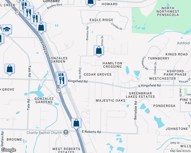 map of restaurants, bars, coffee shops, grocery stores, and more near 2141 Packwood Drive in Cantonment