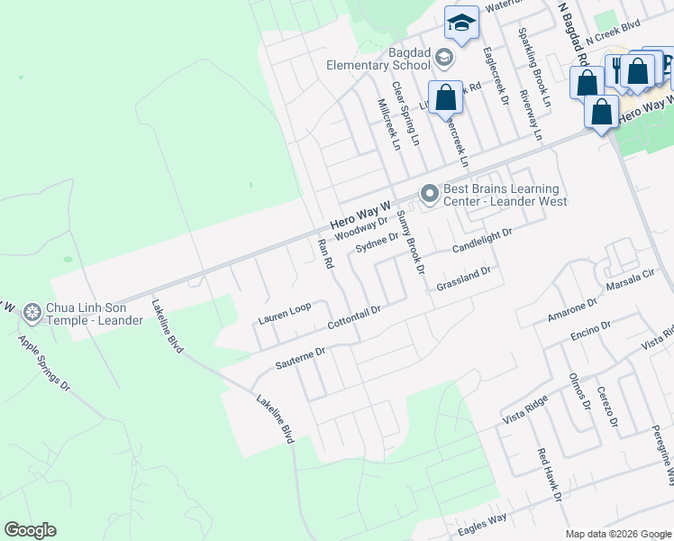 map of restaurants, bars, coffee shops, grocery stores, and more near 306 Ran Rd in Leander