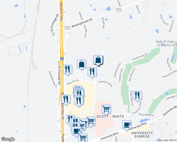 map of restaurants, bars, coffee shops, grocery stores, and more near 220 Bass Pro Drive in Round Rock