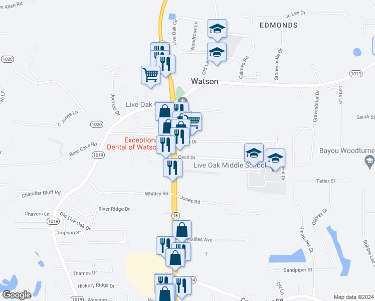 map of restaurants, bars, coffee shops, grocery stores, and more near 8041 Cecil Drive in Denham Springs