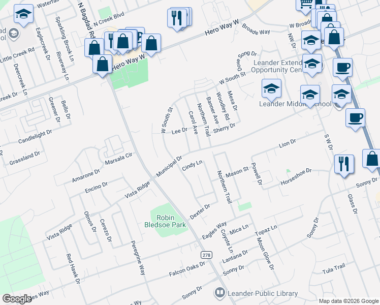 map of restaurants, bars, coffee shops, grocery stores, and more near Municipal Dr & Katherine Way in Leander