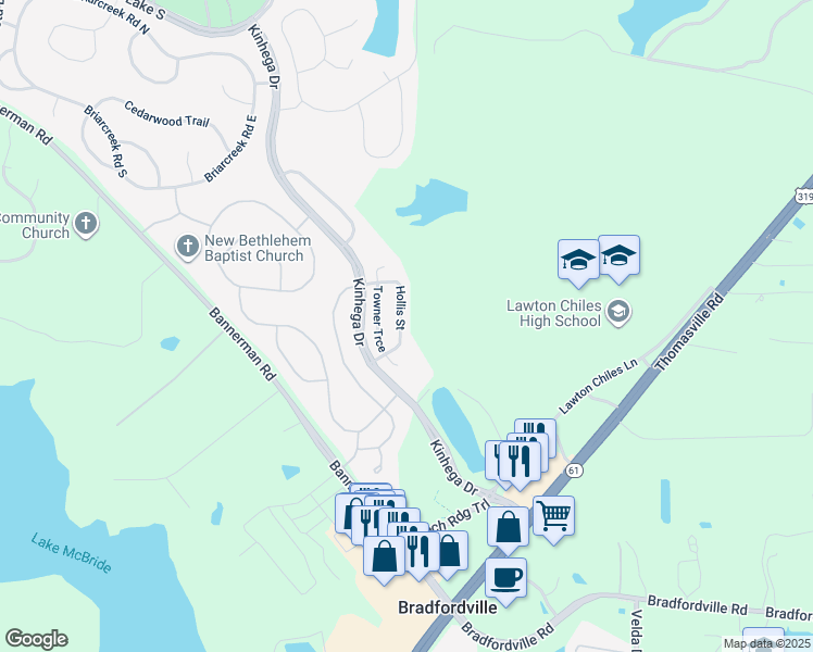 map of restaurants, bars, coffee shops, grocery stores, and more near 7313 Hollis Street in Tallahassee