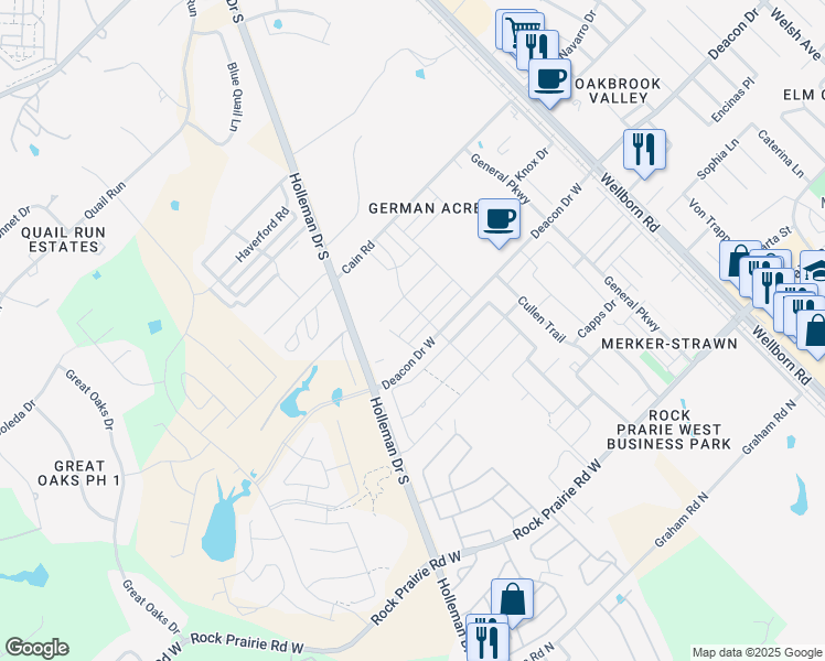 map of restaurants, bars, coffee shops, grocery stores, and more near 4118 Gunner Trail in College Station