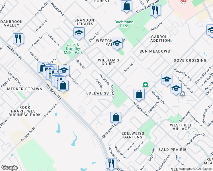 map of restaurants, bars, coffee shops, grocery stores, and more near 3620 Vienna Drive in College Station