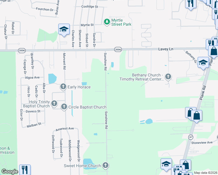 map of restaurants, bars, coffee shops, grocery stores, and more near 13425 Sunshine Road in Baton Rouge