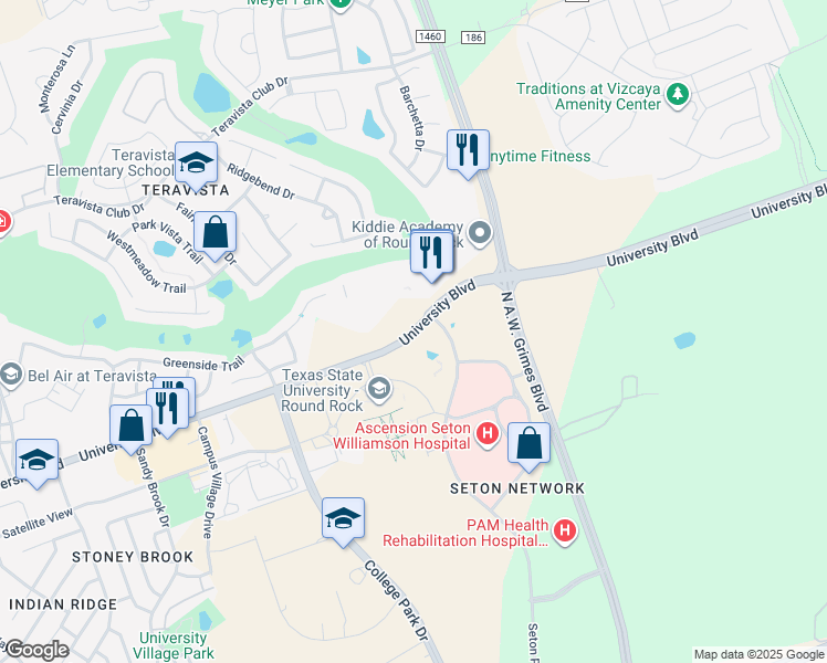 map of restaurants, bars, coffee shops, grocery stores, and more near 1707 University Boulevard in Round Rock