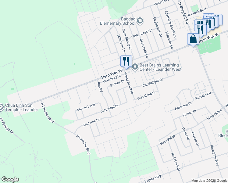 map of restaurants, bars, coffee shops, grocery stores, and more near 2105 Sydnee Drive in Leander