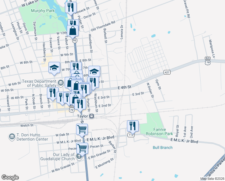 map of restaurants, bars, coffee shops, grocery stores, and more near 409 East 4th Street in Taylor
