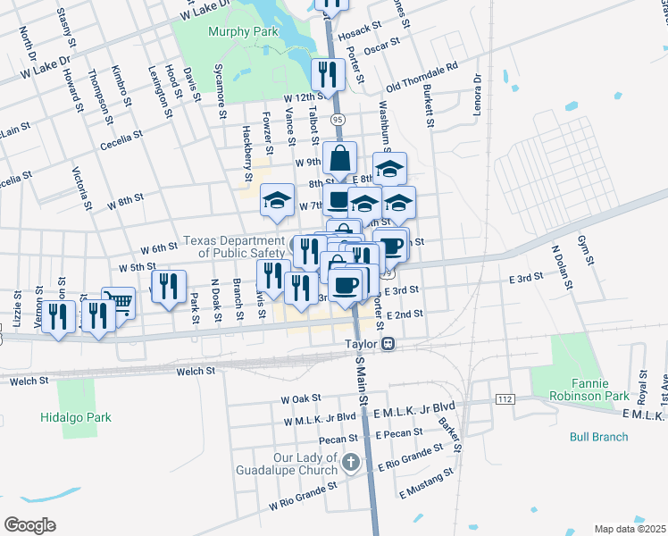 map of restaurants, bars, coffee shops, grocery stores, and more near 114 West 4th Street in Taylor