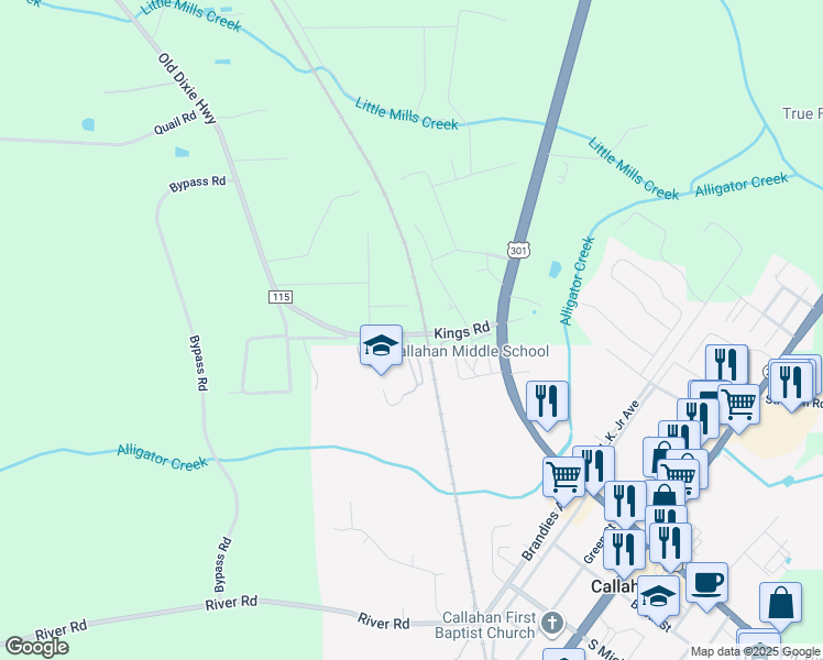map of restaurants, bars, coffee shops, grocery stores, and more near 45105 White Road in Callahan