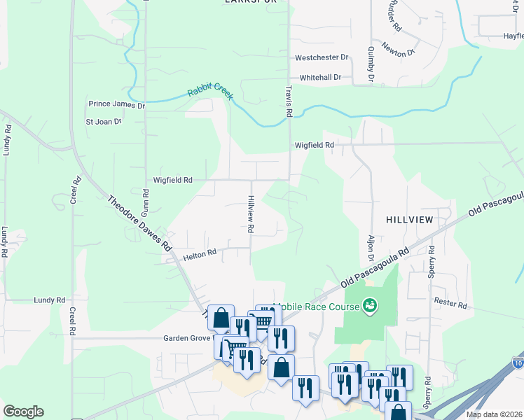 map of restaurants, bars, coffee shops, grocery stores, and more near 7326 Wigfield Road in Theodore