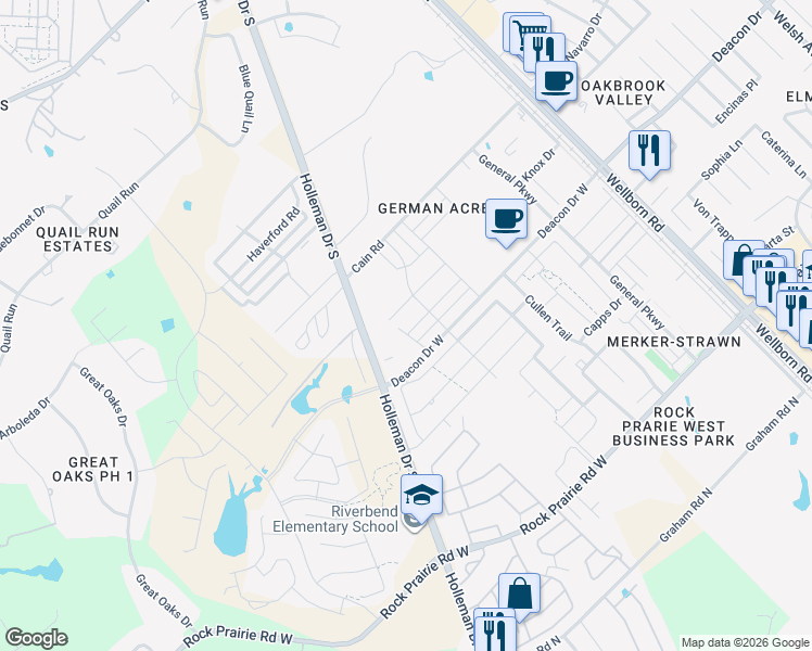 map of restaurants, bars, coffee shops, grocery stores, and more near 2916 Old Ironsides Drive in College Station