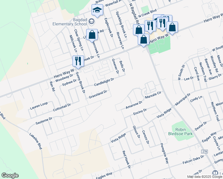 map of restaurants, bars, coffee shops, grocery stores, and more near 1702 Candlelight Drive in Leander