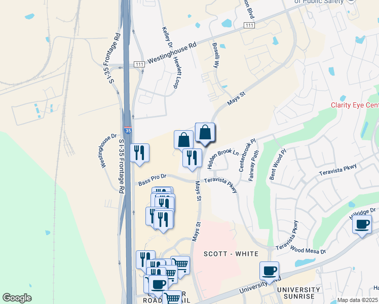 map of restaurants, bars, coffee shops, grocery stores, and more near 250 Bass Pro Drive in Round Rock