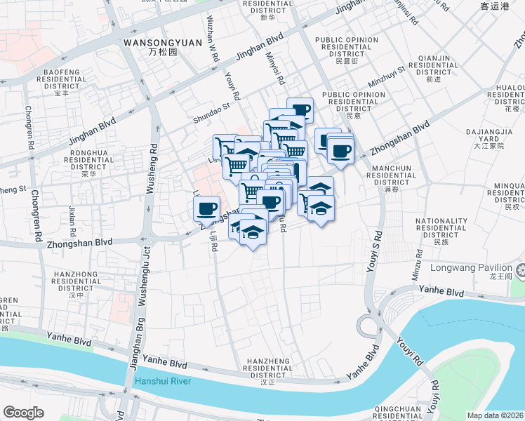 map of restaurants, bars, coffee shops, grocery stores, and more near Zhongshan Avenue in Wuhan