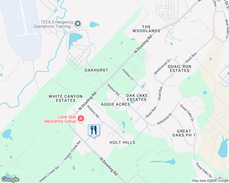 map of restaurants, bars, coffee shops, grocery stores, and more near 11101-11301 Walnut Road in College Station