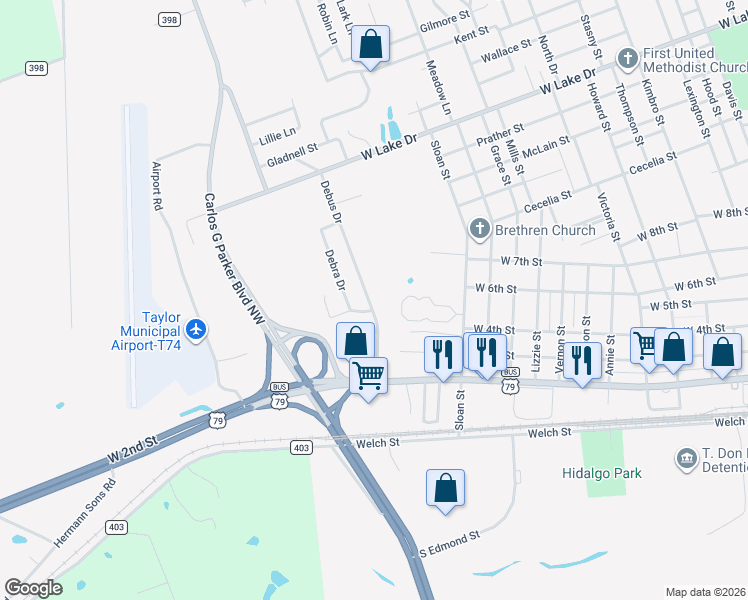 map of restaurants, bars, coffee shops, grocery stores, and more near 602 Debus Drive in Taylor
