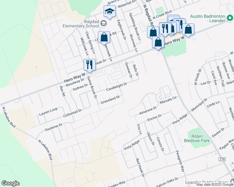 map of restaurants, bars, coffee shops, grocery stores, and more near 204 Joes Cove in Leander